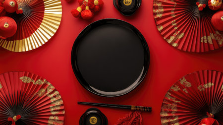 Traditional Chinese New Year setup with red and gold fans, chopsticks, and empty copy space in the center for festive greetings.の素材