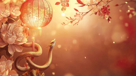 Golden Chinese New Year 2025 backdrop with a snake coiled around a glowing lantern, surrounded by subtle floral designs.の素材