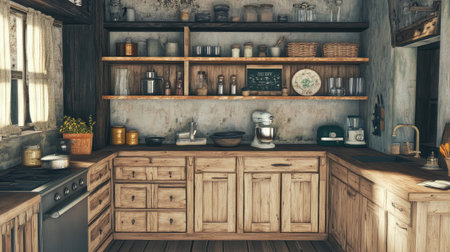 Rustic kitchen featuring wooden cabinets, an open shelving design, and vintage utensils creating a cozy farmhouse feel.の素材