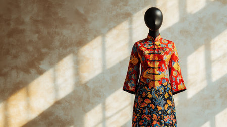 Mannequin showcasing a Chinese New Year women's outfit with modern geometric patterns, placed on a light, textured background.の素材