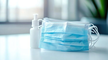 Disposable surgical masks stacked beside a small hand sanitizer bottle on a white table, promoting cleanliness.の素材