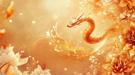 Elegant Year of the Snake wallpaper with a shimmering golden snake surrounded by abstract Chinese motifs on a soft gradient backdrop.の素材