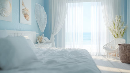 Beach-themed bedroom with light blue walls, white furniture, seashell decor, and sheer curtains letting in gentle sunlight.の素材