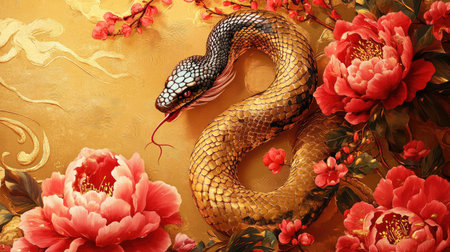 Luxurious golden Chinese New Year 2025 background with a detailed snake coiling around blooming peonies and festive red accents.の素材