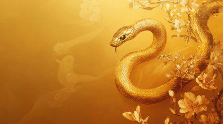 Year of the Snake Chinese New Year wallpaper with a bold golden snake and floral accents on a minimalist gold gradient background.の素材