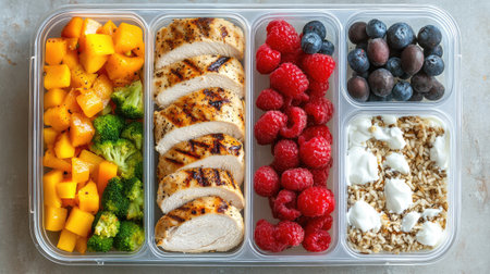 Healthy meal prep containers showcasing all 5 food groups: grilled chicken, roasted veggies, brown rice, fresh fruits, and yogurtの素材