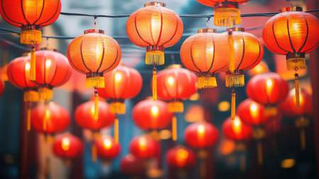 Vibrant Chinese New Year background with red lanterns hanging from the top and ample blank space in the center for holiday text.の素材