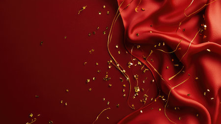 Minimalist copy space for Chinese New Year featuring a red silk texture and golden confetti accents, perfect for festive messages.の素材