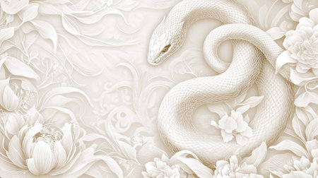 Traditional paper cut background featuring a snake in motion with intricate floral designs, set against a light neutral canvas.の素材