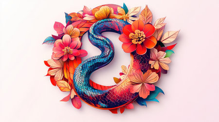 Year of the Snake 2025 paper cut art with a coiling snake motif and floral borders, displayed on a soft white gradient background.の素材