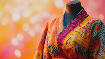 Women's outfit for Chinese New Year with abstract patterns in festive colors on a mannequin, displayed on a pastel light background.の素材
