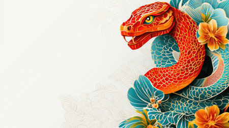 Vibrant paper cut snake design with elegant Chinese New Year patterns, set on a clean, soft white background for festive text.の素材