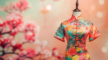 Women's outfit for Chinese New Year with abstract patterns in festive colors on a mannequin, displayed on a pastel light background.の素材
