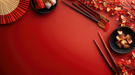 Traditional Chinese New Year setup with red and gold fans, chopsticks, and empty copy space in the center for festive greetings.の素材