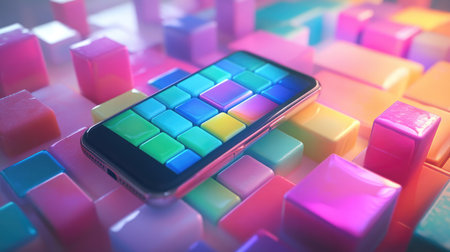 Crossmatic game displayed on a smartphone screen with vivid colors and animated puzzle effects.の素材