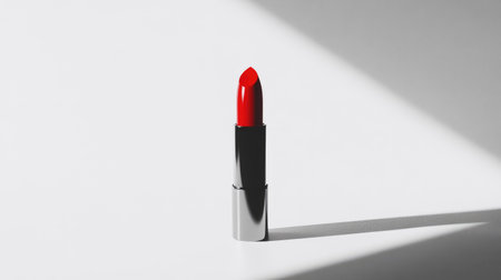 A bold red lipstick standing upright with a subtle glossy reflection on a pristine white surface.の素材