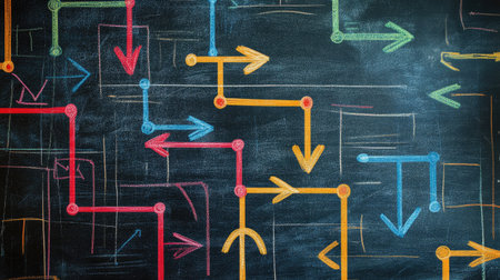 Abstract visual representation of a Crossmatic game strategy, with arrows and nodes on a chalkboard.の素材
