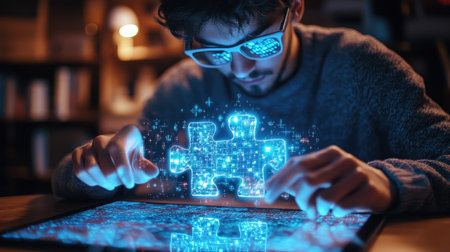 A young adult solving a Crossmatic puzzle projected as an augmented reality hologram on a tablet.の素材