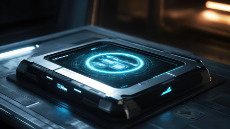 A futuristic Crossmatic board with a holographic interface, floating in a dimly lit sci-fi environment.の素材