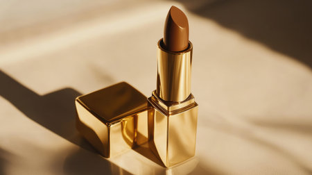 A luxury gold-cased lipstick, slightly opened, casting a soft shadow on a clean white surface.の素材