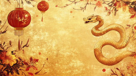 Festive Chinese New Year wallpaper featuring a stylized golden snake, glowing lanterns, and floral patterns on a textured gold background.の素材
