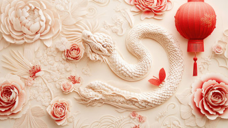 Stunning Chinese New Year 2025 paper cut background featuring a detailed snake and lantern design on a light cream canvas.の素材