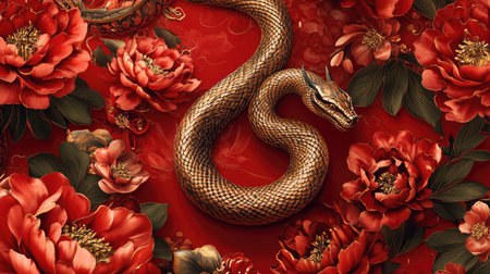 Golden snake zodiac design for Chinese New Year wallpaper, surrounded by red peonies and traditional Chinese ornaments on a vibrant red background.の素材