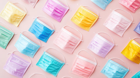 Artistic arrangement of various colored face masks on a pastel-colored background, focusing on hygiene and style.の素材