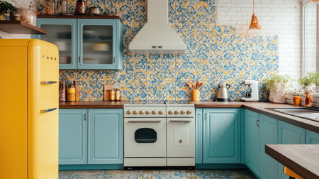 Vintage-inspired kitchen with colorful cabinets, retro-style appliances, and patterned tiles for a nostalgic atmosphere.の素材
