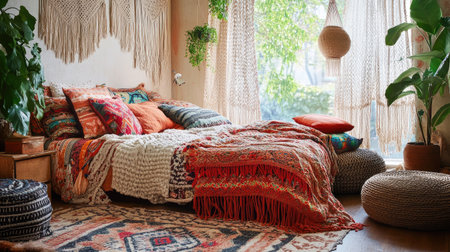Bohemian bedroom with colorful patterns, macrame wall hangings, a mix of cushions, and a woven rug for a relaxed, eclectic look.の素材