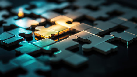 A Crossmatic puzzle partially solved, with scattered tiles glowing faintly, placed on a reflective surface.の素材