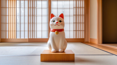 A Maneki Neko figurine on a wooden pedestal in a Japanese-style room with tatami mats and sliding doors.の素材