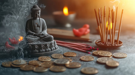 A composition of ancient Chinese coins surrounded by incense sticks and a Buddha statue, creating a spiritual aura.の素材