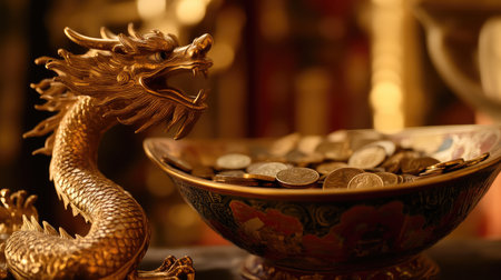 A bowl filled with ancient Chinese coins, placed next to a golden dragon figurine for added symbolism of luck.の素材