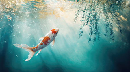 A graceful koi carp swimming through a pond with reflection of willow trees in the water, representing luck and tranquility.の素材