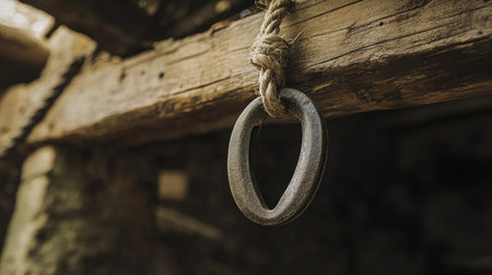 A lucky horseshoe hanging from a rope on a rustic wooden beam, symbolizing safety and prosperity.の素材