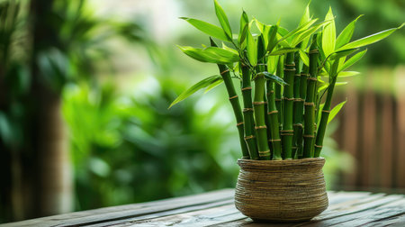 Lucky Bamboo arranged in a tiered formation, placed on a wooden table with a serene background.の素材