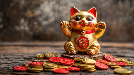 A golden Maneki Neko figurine waving its paw, surrounded by red and gold coins, symbolizing wealth and prosperity.の素材