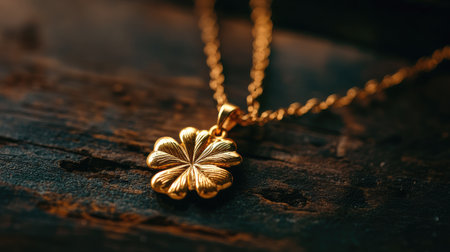 A golden four-leaf clover pendant resting on a wooden surface, symbolizing prosperity and elegance.の素材