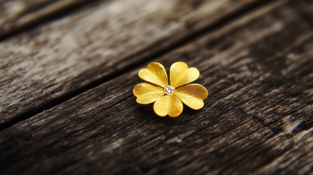 A golden four-leaf clover pendant resting on a wooden surface, symbolizing prosperity and elegance.の素材