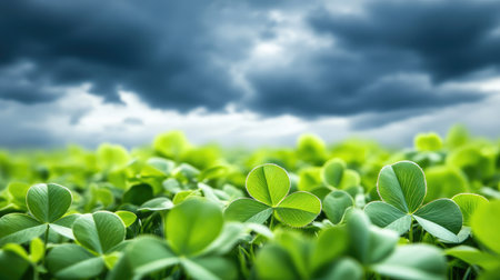 A close-up shot of four-leaf clovers with a dramatic thundercloud-filled sky in the background.の素材