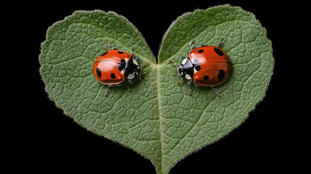 Two ladybugs meeting on a single leaf, symbolizing love, friendship, and mutual good fortune.の素材