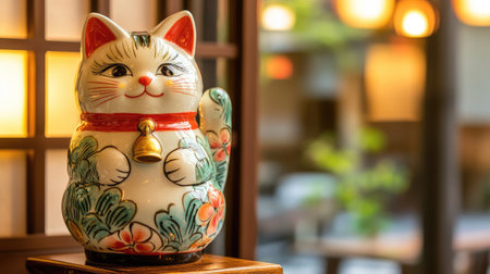 A close-up of a ceramic Maneki Neko with intricate details, placed on a traditional Japanese wooden table.の素材