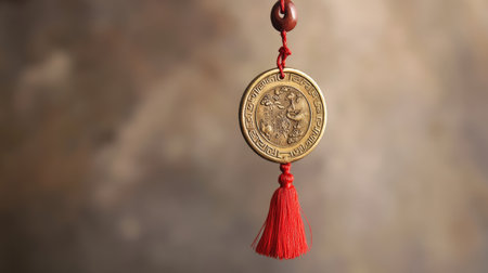 A golden ancient Chinese coin hanging from a decorative red tassel, commonly used as a lucky charm.の素材