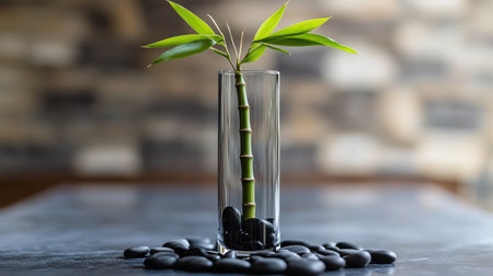 A single Lucky Bamboo stalk in a tall glass cylinder vase, surrounded by smooth black pebbles.の素材