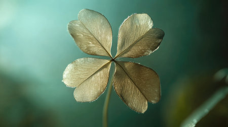 A close-up of a four-leaf clover illuminated by soft light, with a blurred natural green background.の素材