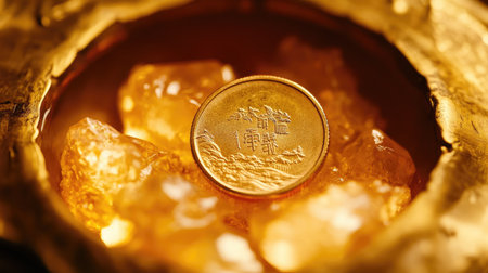 A close-up of an ancient Chinese coin resting in a gold ingot, symbolizing prosperity and financial stability.の素材