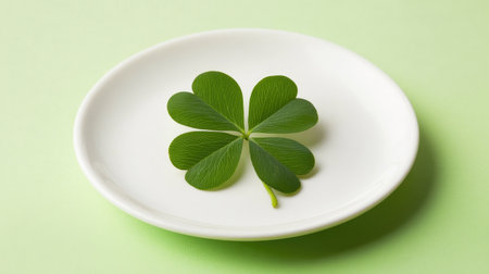 A freshly plucked four-leaf clover on a plate, presented like a rare delicacy of good fortune and abundance.の素材