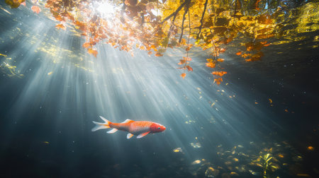 A koi carp swimming gracefully through a pond with soft sunlight filtering through trees above.の素材