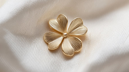 A golden four-leaf clover charm resting on soft fabric, blending elegance with the timeless symbol of good luck.の素材